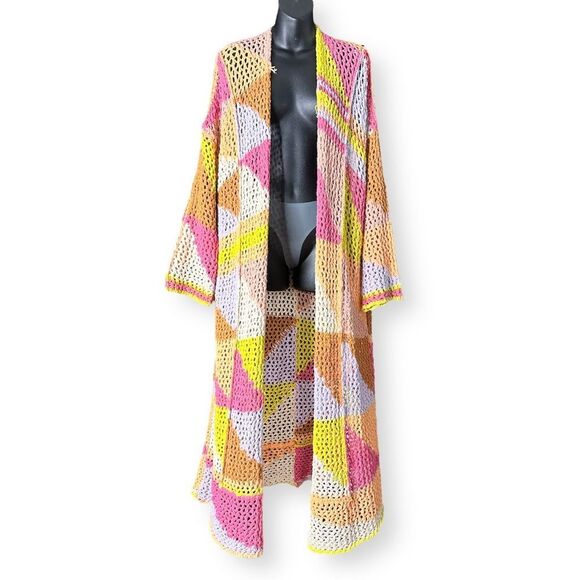 Free People Chasing Rainbows Crochet Knit Cardi Duster Kimono Jacket $428 XS/S - Picture 1 of 9